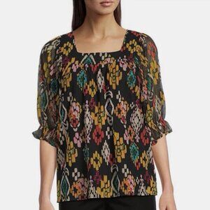 Calessa Mesh Knit Abstract Ikat Print Square Neck Elbow Sleeve Tunic New XL